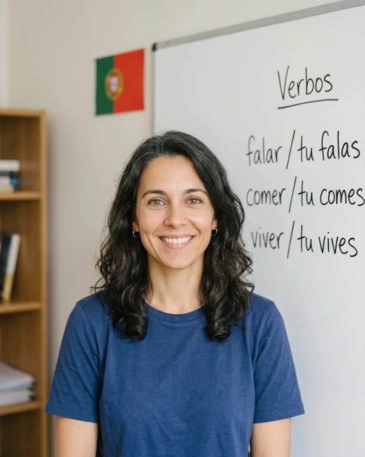 Sandra, the European Portuguese tutor, in a classroom beside a whiteboard reading Verbos — falar / tu falas, comer / tu comes, viver / tu vives